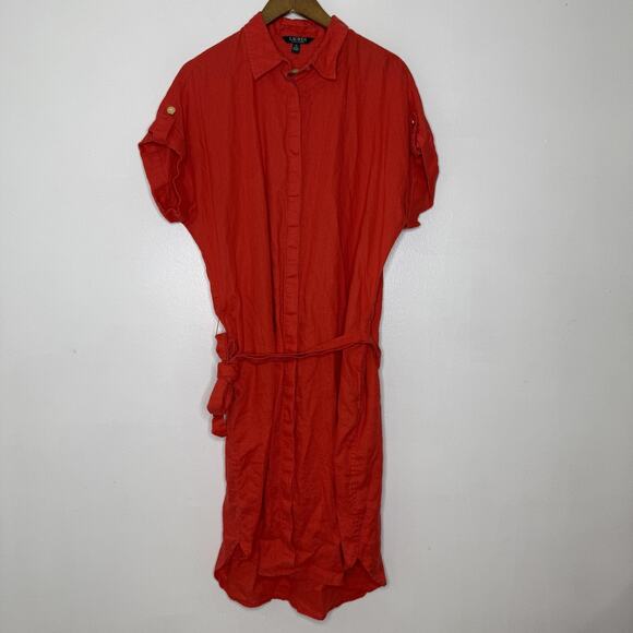 Ralph Lauren Dress Womens 14 Red Linen Belted Shirt Midi Collared Summer - Picture 1 of 7